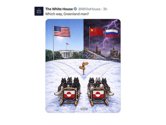 Biały Dom opublikował mema o wyborze Grenlandii między USA, a Rosją i Chinami