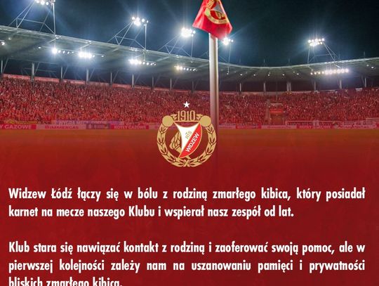 Ekstraklasa piłkarska - zmarł kibic, który zasłabł podczas meczu Widzewa Łódź