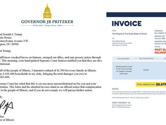 Gubernator Illinois wystawia rachunek prezydentowi Trumpowi za cła Gubernator Illinois wystawia rachunek prezydentowi Trumpowi za cła