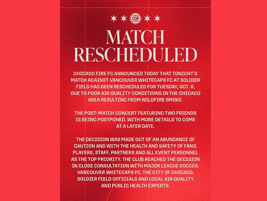 Mecz Chicago Fire FC z Vancouver Whitecaps FC na Soldier Field przełożony z powodu złej jakości powietrza