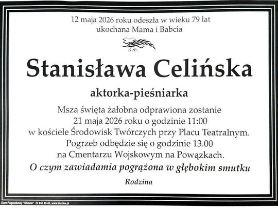Pogrzeb aktorki Stanisławy Celińskiej 21 maja na Powązkach Wojskowych w Warszawie