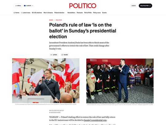 Politico: Polacy zadecydują w niedzielę o praworządności w kraju