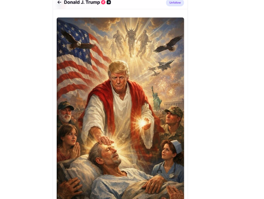Prezydent Trump Trump zamieścił w internecie grafikę ukazującą go w postaci Jezusa