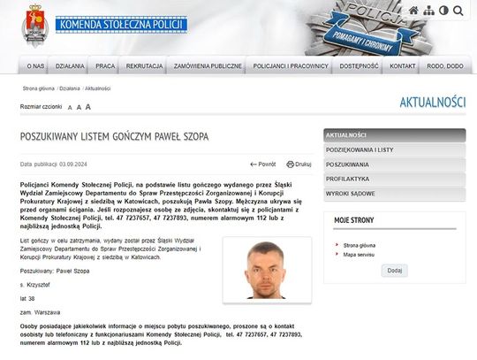 Prokuratura Krajowa: jest list gończy za Pawłem Szopą