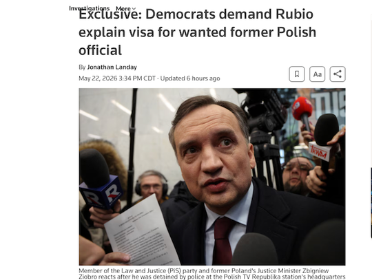 Reuters: Demokraci chcą od Rubio wyjaśnień w sprawie wizy dla Ziobry Reuters: Demokraci chcą od Rubio wyjaśnień w sprawie wizy dla Ziobry