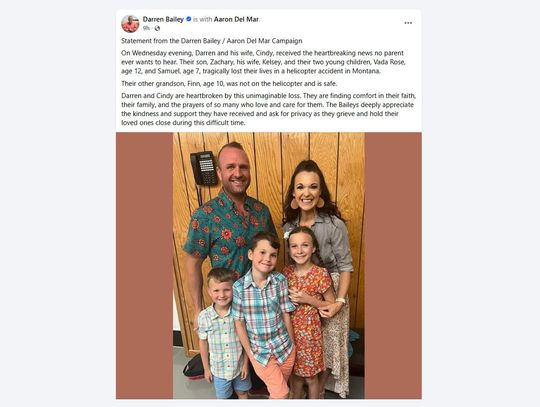 Syn republikańskiego kandydata na gubernatora Illinois z żoną i dziećmi zginęli w wypadku helikoptera