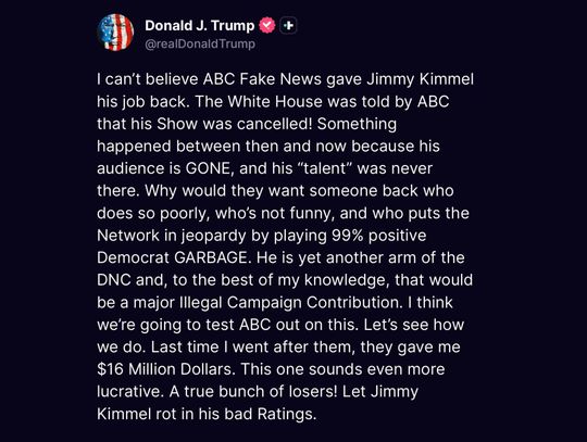 Trump skrytykował przywrócenie na antenę programu komika Jimmy'ego Kimmela