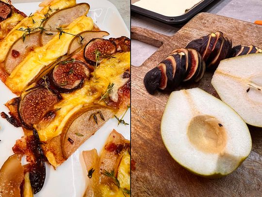 Złote paski z camembertem, figami i gruszką