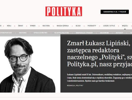 Zmarł Łukasz Lipiński - dziennikarz i zastępca redaktora naczelnego "Polityki"