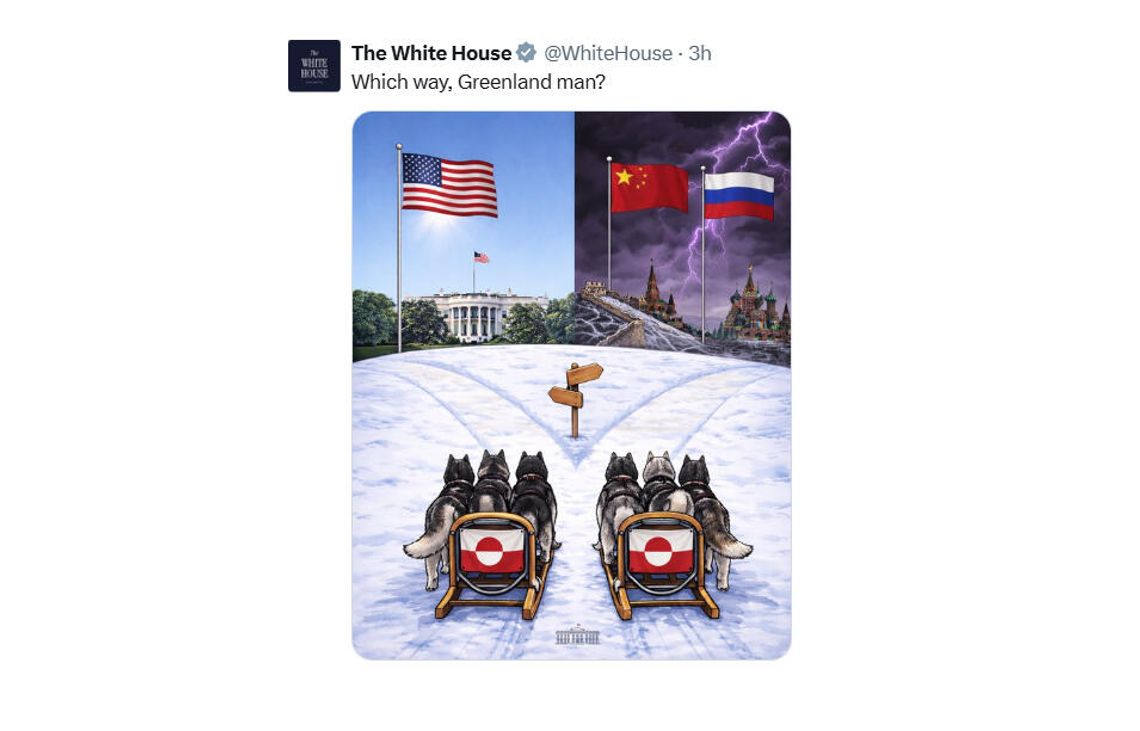 Biały Dom opublikował mema o wyborze Grenlandii między USA, a Rosją i Chinami