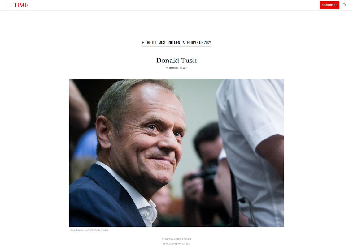 Donald Tusk wśród setki najbardziej wpływowych osób roku magazynu "Time"