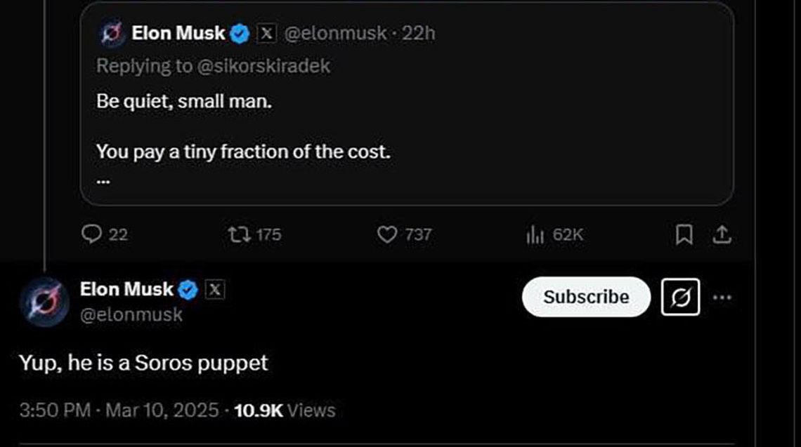 Elon Musk: Radosław Sikorski jest marionetką Sorosa