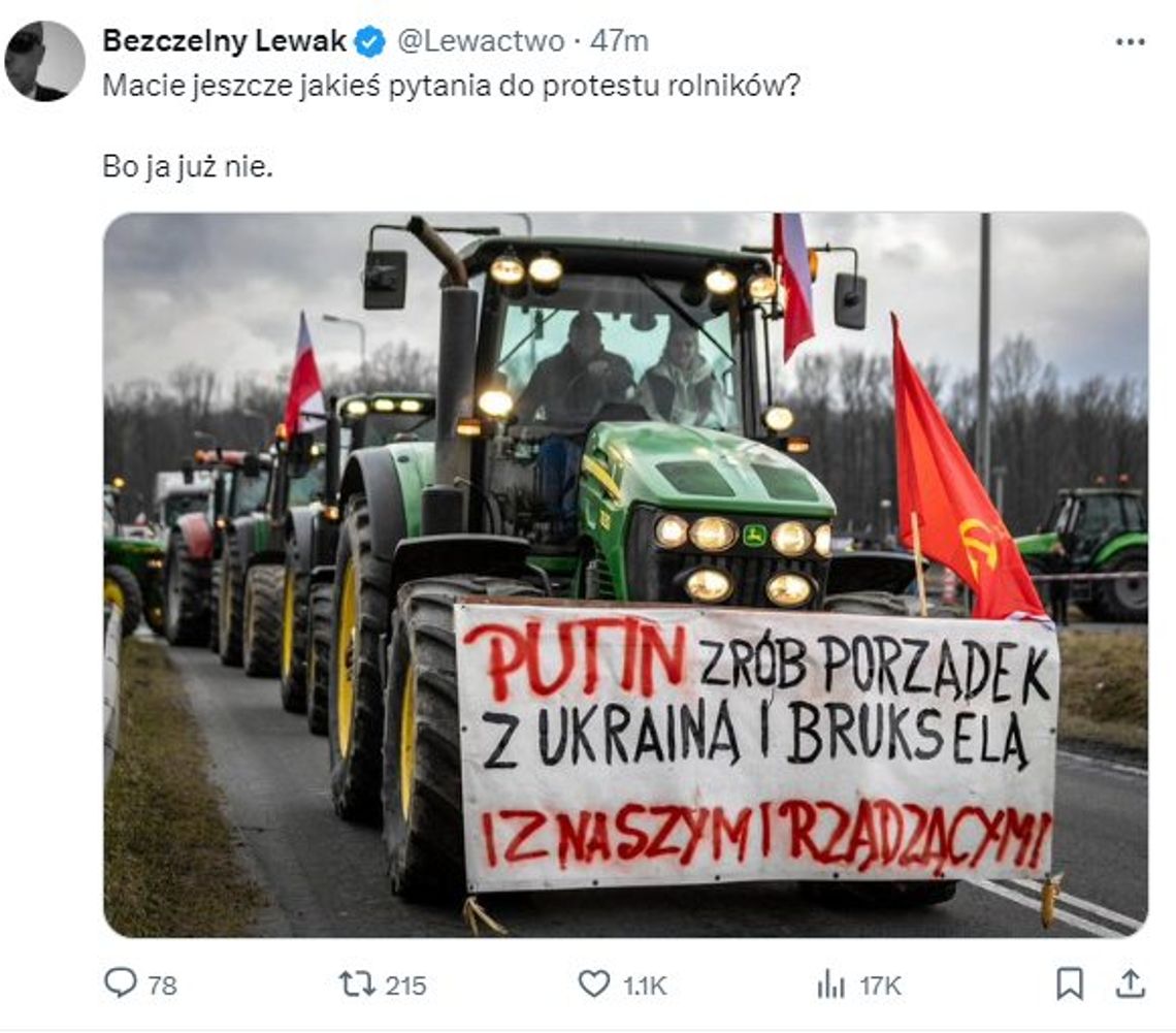 Gliwicka prokuratura zajmie sprawą flagi ZSRR i postulatu do Putina na rolniczym proteście