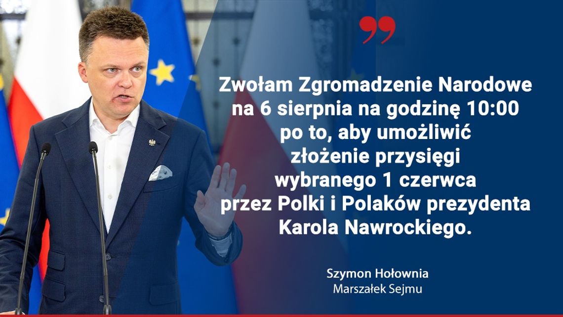 Hołownia: Zgromadzenie Narodowe zostanie zwołane na 6 sierpnia na godz. 10.00
