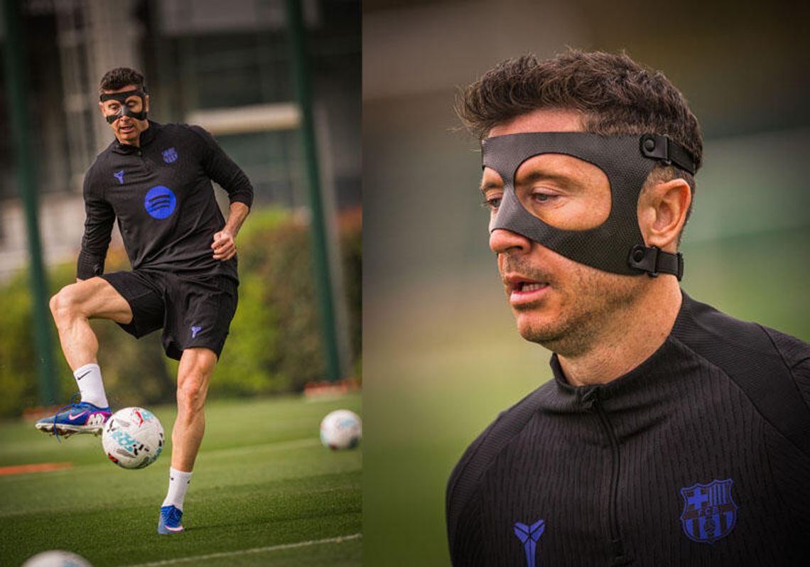 Liga hiszpańska - Lewandowski trenował w masce Liga hiszpańska - Lewandowski trenował w masce