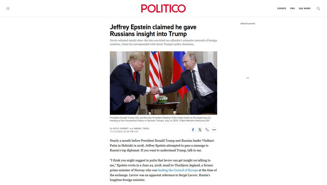 Politico: Epstein oferował Rosjanom pomoc w zrozumieniu Trumpa