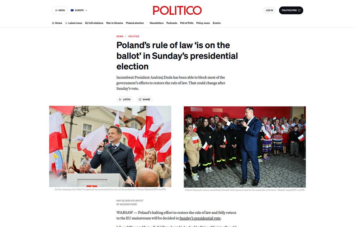 Politico: Polacy zadecydują w niedzielę o praworządności w kraju