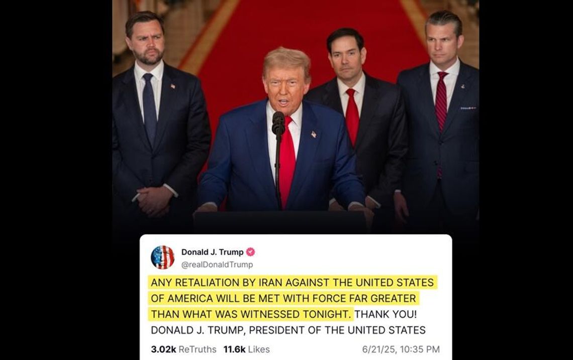 Prezydent Trump: Przeprowadziliśmy bardzo udany atak na trzy obiekty atomowe Iranu (WIDEO)