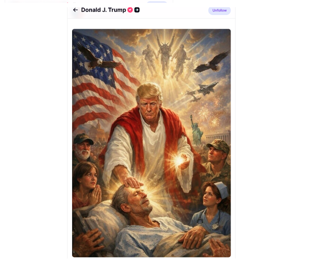 Prezydent Trump Trump zamieścił w internecie grafikę ukazującą go w postaci Jezusa Prezydent Trump Trump zamieścił w internecie grafikę ukazującą go w postaci Jezusa