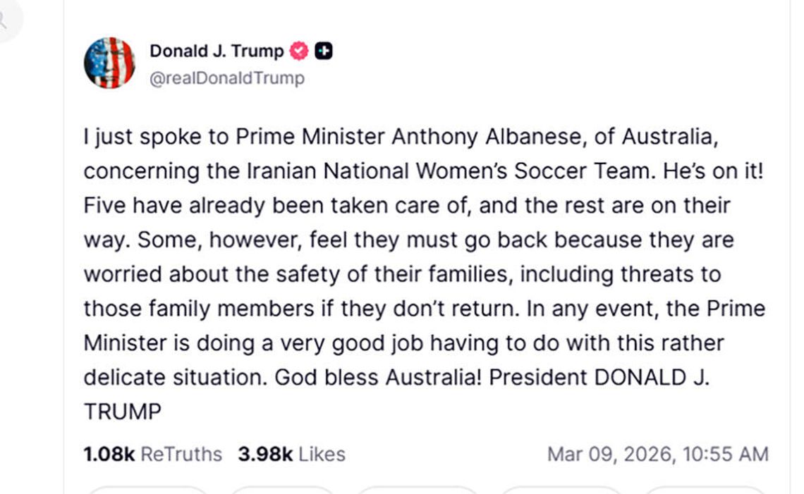 Prezydent Trump zaapelował do Australii, by udzieliła azylu irańskim piłkarkom