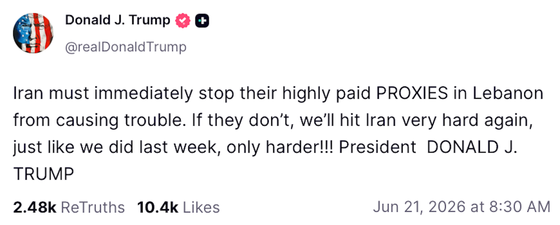 Prezydent Trump zagroził Iranowi kolejnymi atakami, jeśli Teheran nie powstrzyma Hezbollahu