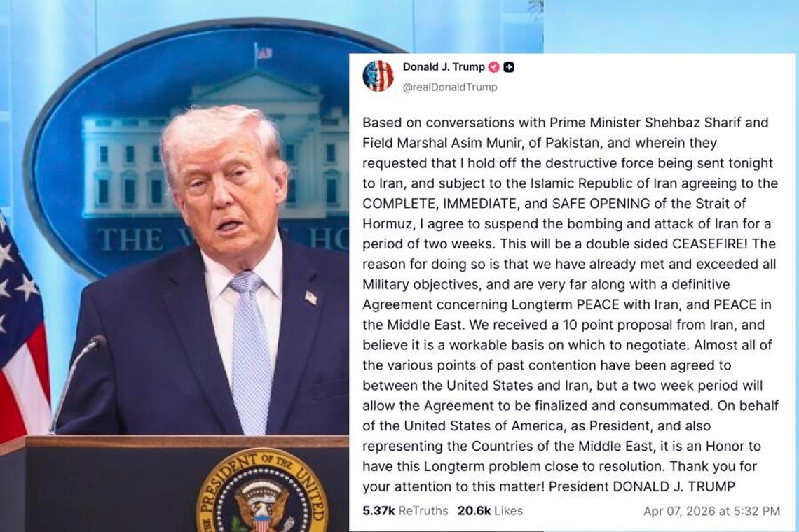 Prezydent Trump: zgadzam się wstrzymać bombardowania i ataki na Iran na okres dwóch tygodni