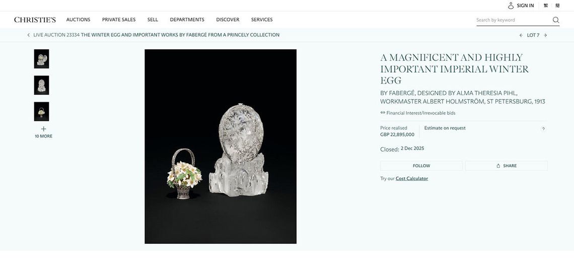 Rekordowa sprzedaż jaja Faberge za 22,9 mln funtów na aukcji w Londynie