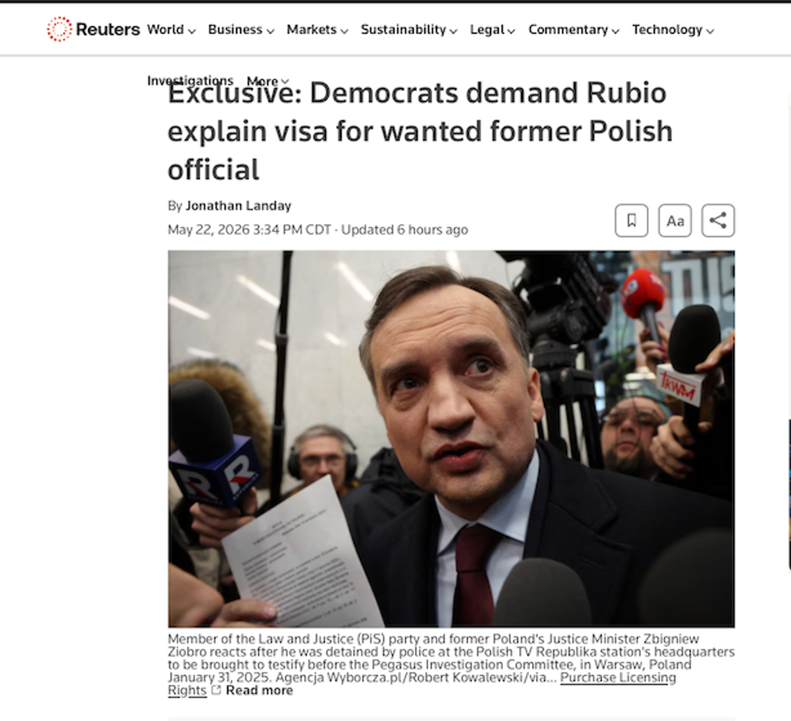Reuters: Demokraci chcą od Rubio wyjaśnień w sprawie wizy dla Ziobry Reuters: Demokraci chcą od Rubio wyjaśnień w sprawie wizy dla Ziobry