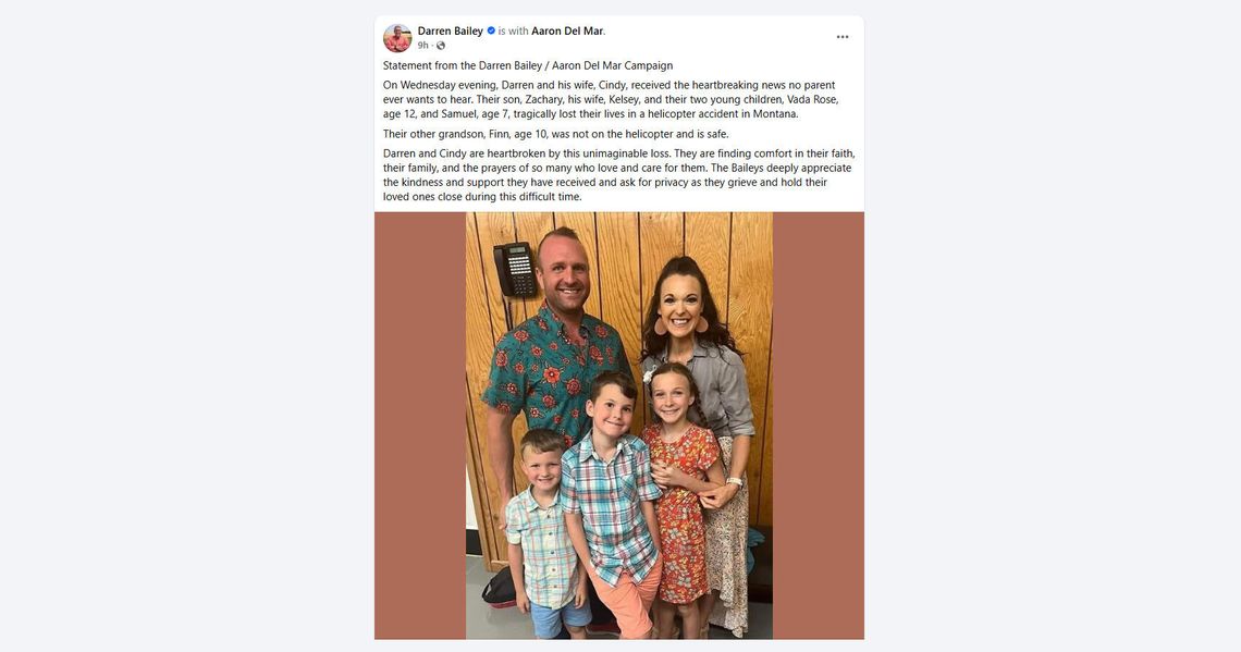 Syn republikańskiego kandydata na gubernatora Illinois z żoną i dziećmi zginęli w wypadku helikoptera