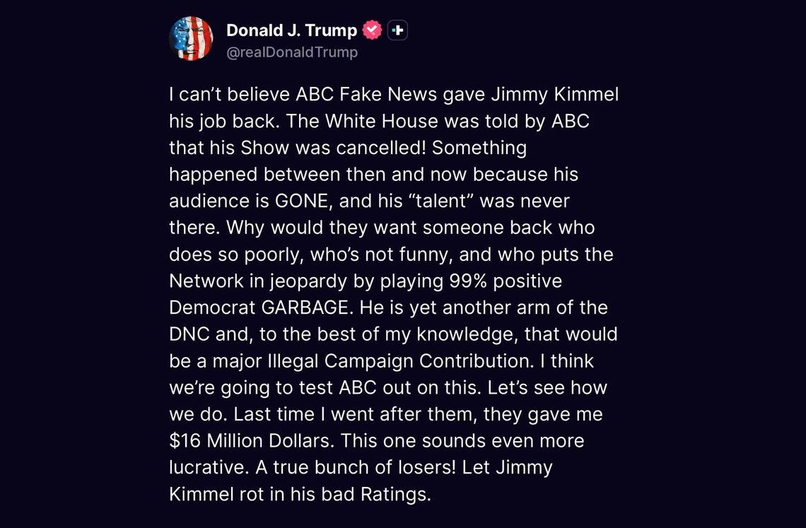 Trump skrytykował przywrócenie na antenę programu komika Jimmy'ego Kimmela