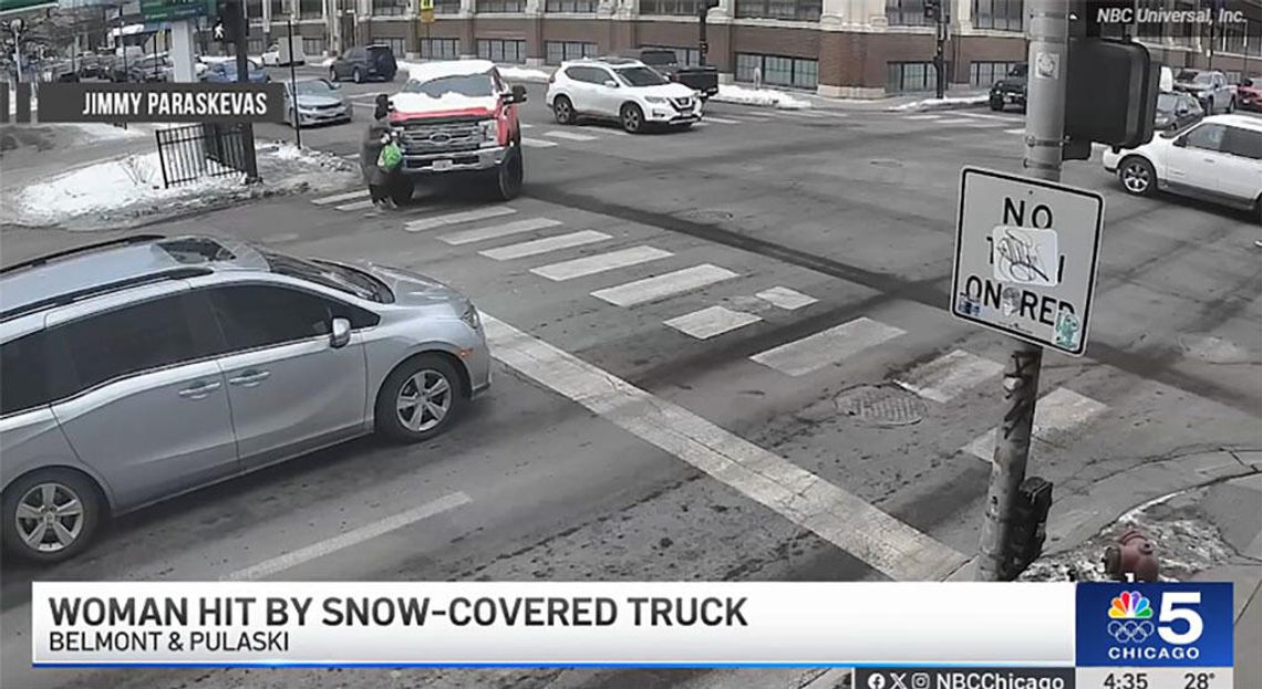 Wjechał w pieszą na przejściu przy Belmont i Pulaski, kierowca miał przysłoniętą śniegiem szybę Wjechał w pieszą na przejściu przy Belmont i Pulaski, kierowca miał przysłoniętą śniegiem szybę
