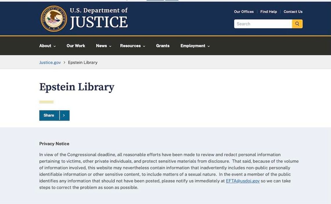 Ze strony Departamentu Sprawiedliwości zniknęło kilkanaście plików związanych z Epsteinem
