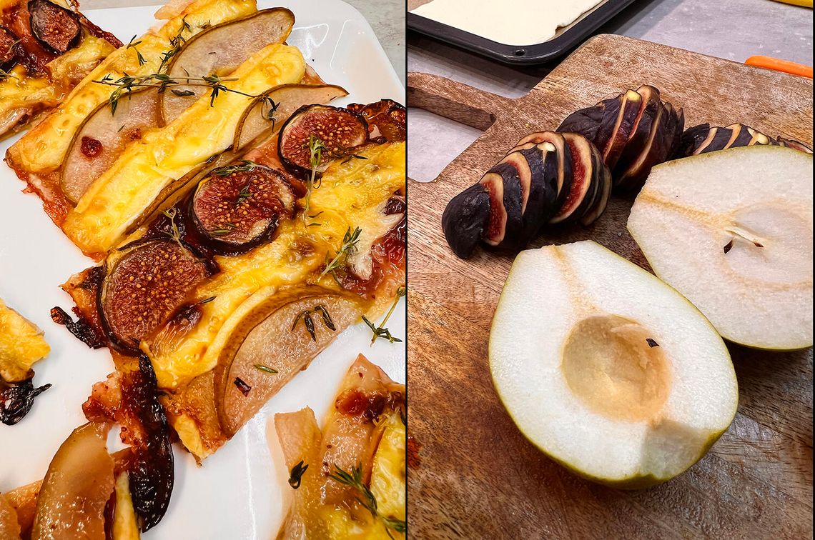 Złote paski z camembertem, figami i gruszką