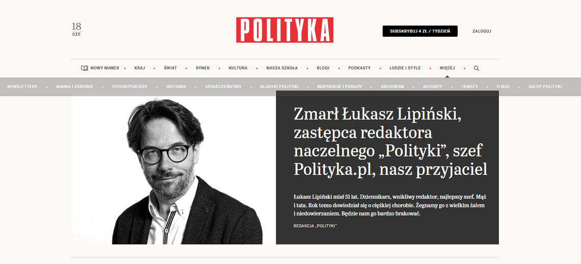 Zmarł Łukasz Lipiński - dziennikarz i zastępca redaktora naczelnego "Polityki"