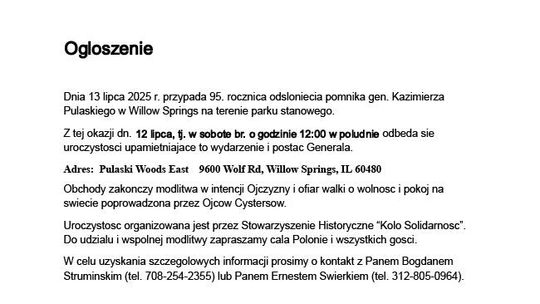 95. Rocznica odsłonięcia pomnika gen. Kazimierza Pułaskiego w Willow Springs