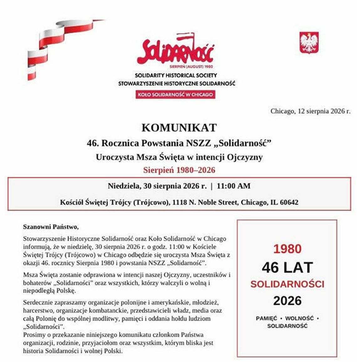 46. Rocznica powstania NSZZ Solidarność i msza w intencji Ojczyzny 46. Rocznica powstania NSZZ Solidarność i msza w intencji Ojczyzny