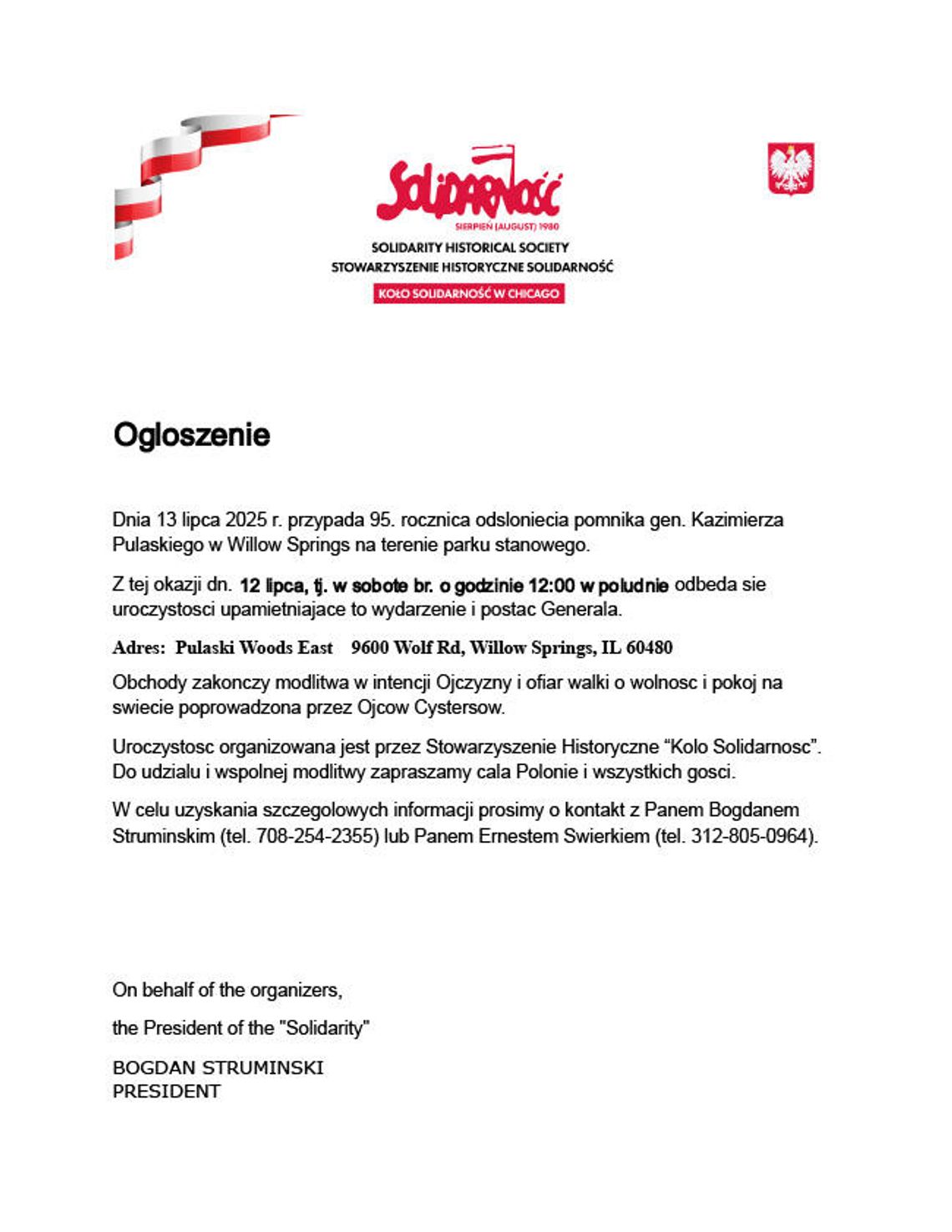 95. Rocznica odsłonięcia pomnika gen. Kazimierza Pułaskiego w Willow Springs 95. Rocznica odsłonięcia pomnika gen. Kazimierza Pułaskiego w Willow Springs