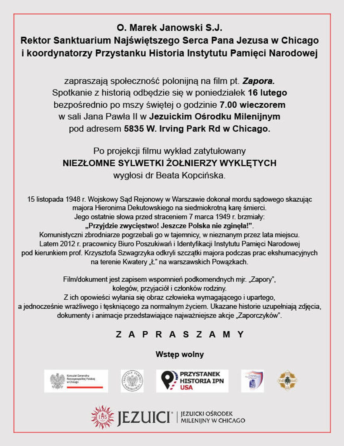 Projekcja filmu „Zapora” i wykład „Niezłomne sylwetki Żołnierzy Wyklętych”
