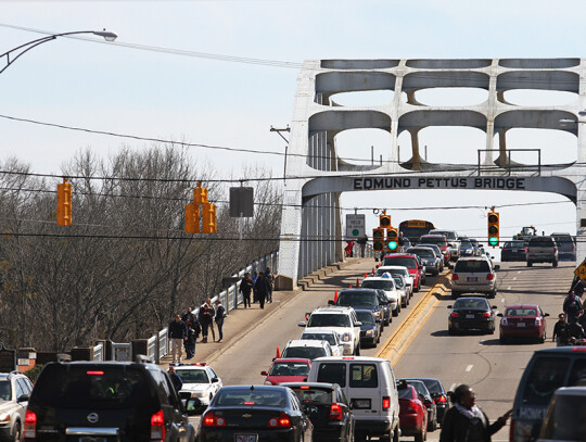 Commemorating the 50th anniversary of Bloody Sunday crossing of the Edmund Pettus Bridge in Selma, Alabama, USA