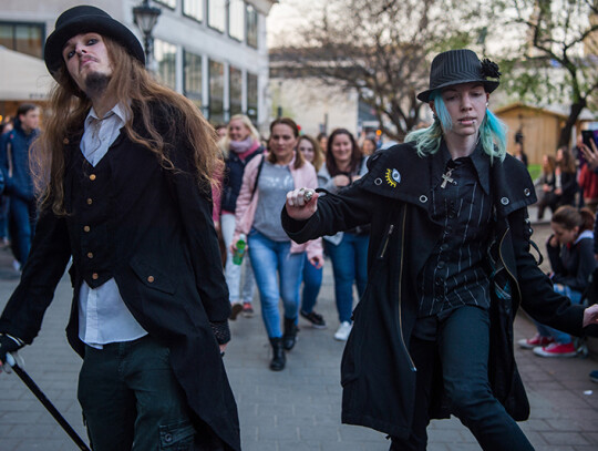 Flashmob of silly walks in Budapest, Hungary - 01 Apr 2019