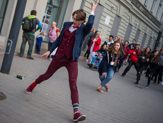 Flashmob of silly walks in Budapest, Hungary - 01 Apr 2019