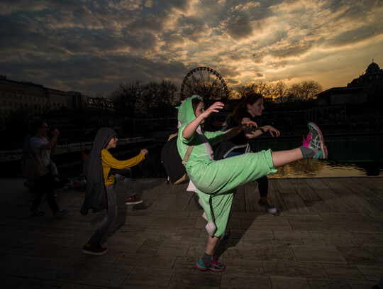 Flashmob of silly walks in Budapest, Hungary - 01 Apr 2019