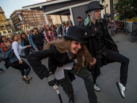 Flashmob of silly walks in Budapest, Hungary - 01 Apr 2019