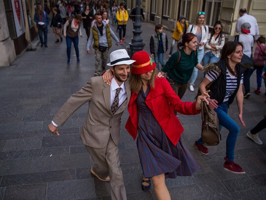 Flashmob of silly walks in Budapest, Hungary - 01 Apr 2019