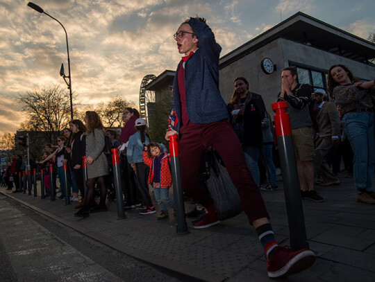 Flashmob of silly walks in Budapest, Hungary - 01 Apr 2019