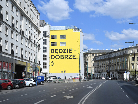 Murals on buildings in the center of Warsaw, Poland - 21 Apr 2020