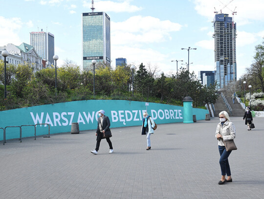 Murals on buildings in the center of Warsaw, Poland - 21 Apr 2020