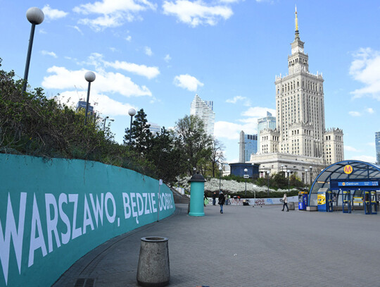 Murals on buildings in the center of Warsaw, Poland - 21 Apr 2020