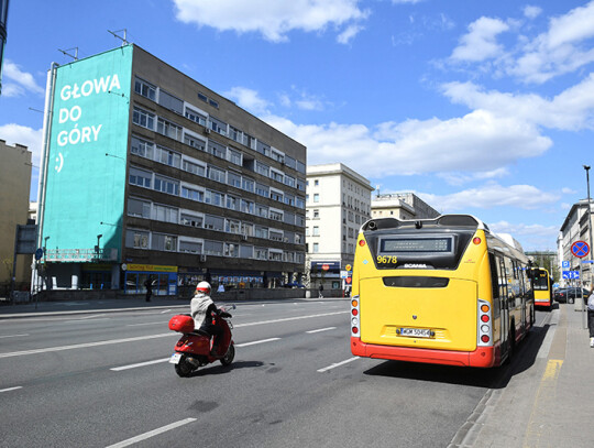 Murals on buildings in the center of Warsaw, Poland - 21 Apr 2020