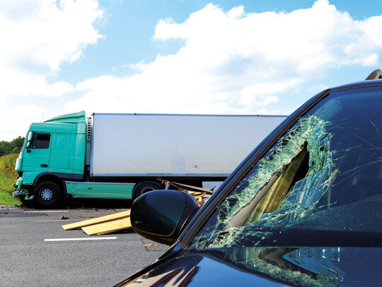 View of truck in an accident with car